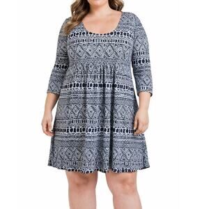 R & B Collection Women’s XL Blue Geometric Stretch A‑Line Knee‑Length Dress